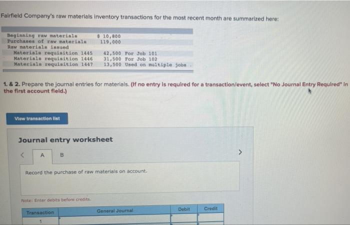 Fairfield Company S Raw Materials Inventory Transactions For The Most Recent Month Are Summarized Here Beginning Raw Ma 2