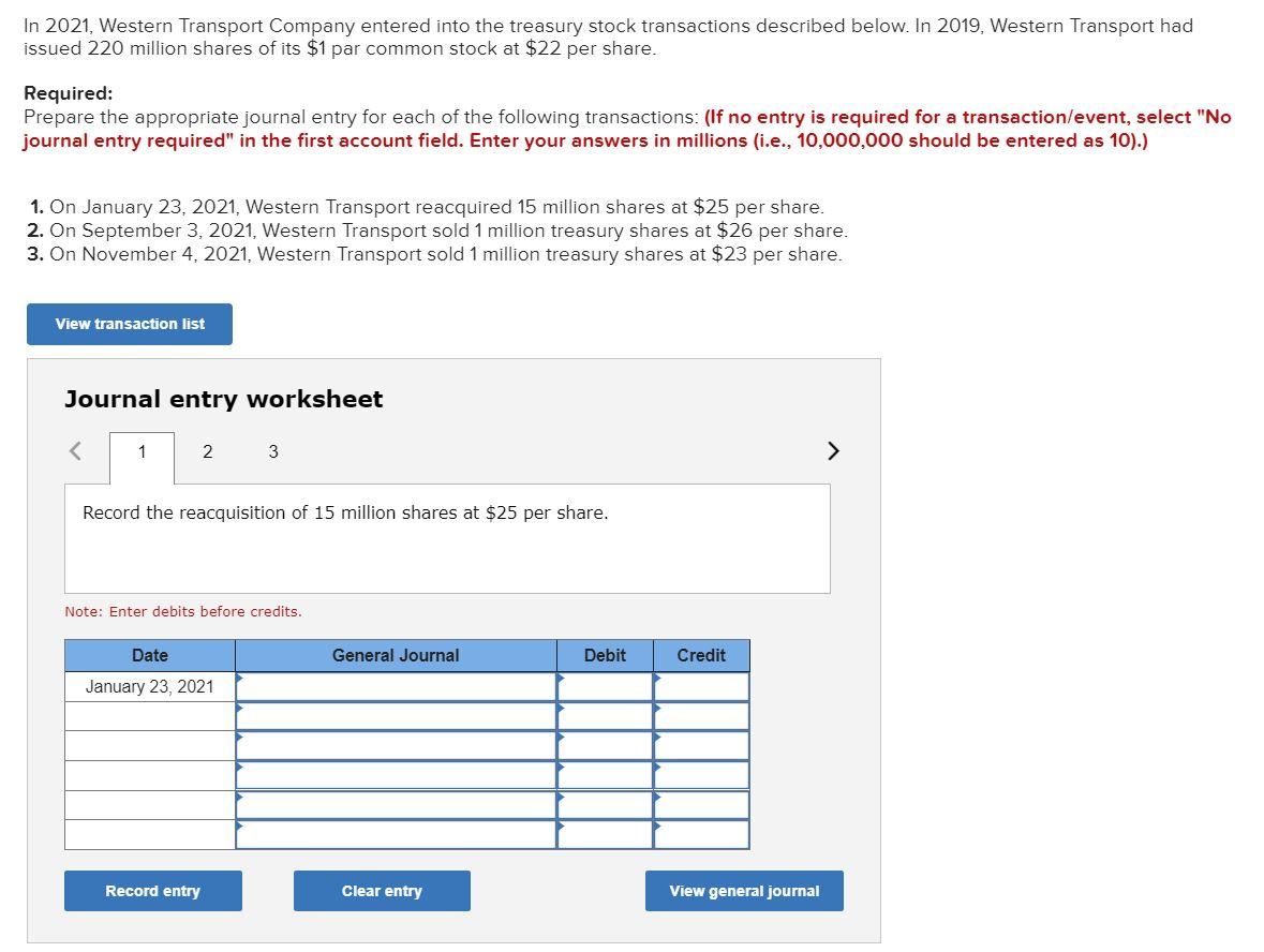 In 2021 Western Transport Company Entered Into The Treasury Stock Transactions Described Below In 2019 Western Transp 1