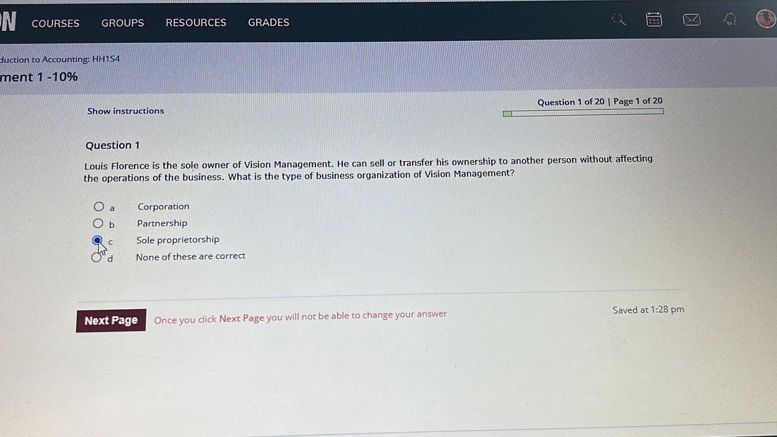 On Courses Groups Duction To Accounting Hh154 Ment 1 10 M Anc Resources Grades Question 1 Of 20 Page 1 Of 20 Show Inst 1
