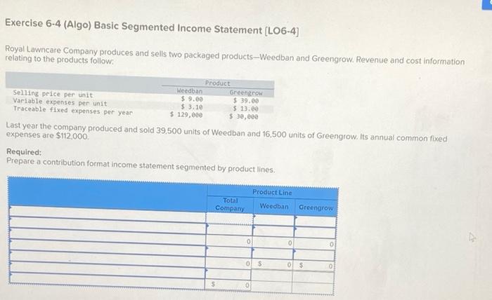 Exercise 6 4 Algo Basic Segmented Income Statement Lo6 4 Royal Lawncare Company Produces And Sells Two Packaged Prod 1