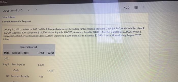 252022 201 Question 4 Of 5 View Policies Current Attempt In Progress On July 31 2021 Lee Meche Md Had The Followin 1