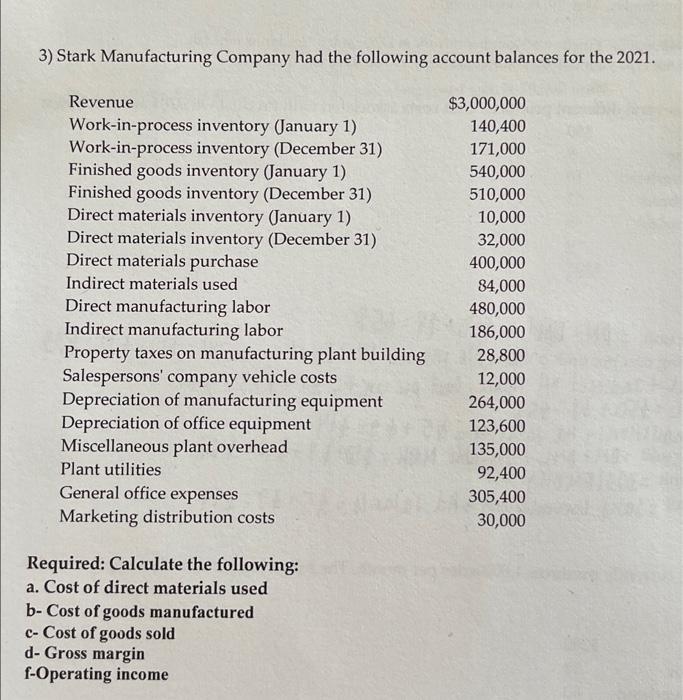 3 Stark Manufacturing Company Had The Following Account Balances For The 2021 Revenue 3 000 000 140 400 171 000 540 0 1