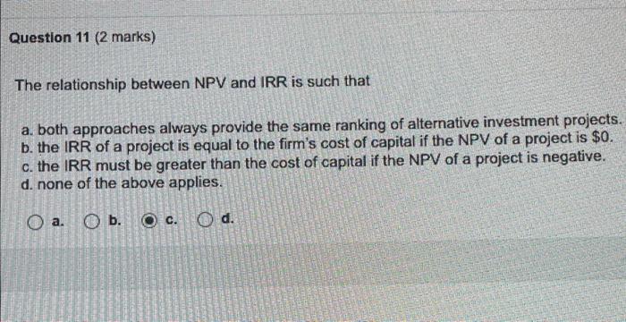 Question 11 2 Marks The Relationship Between Npv And Irr Is Such That A Both Approaches Always Provide The Same Ranki 1