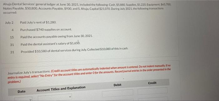 Ahuja Dental Services General Ledger At June 30 2021 Included The Following Cash 5 880 Supplies 1 220 Equipmen 1