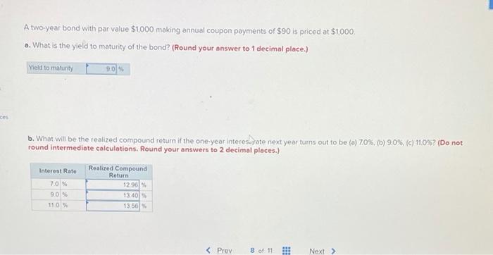 A Two Year Bond With Par Value 1 000 Making Annual Coupon Payments Of 90 Is Priced At 1 000 A What Is The Yield To 1