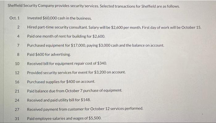 Sheffield Security Company Provides Security Services Selected Transactions For Sheffield Are As Follows Oct 1 Invest 1