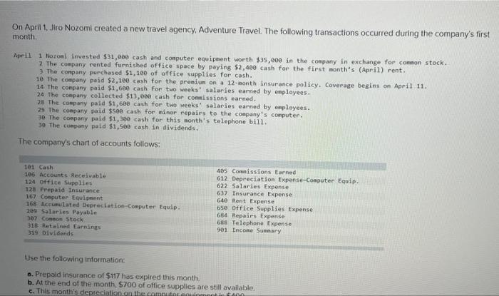 On April 1 Jiro Nozomi Created A New Travel Agency Adventure Travel The Following Transactions Occurred During The Co 1