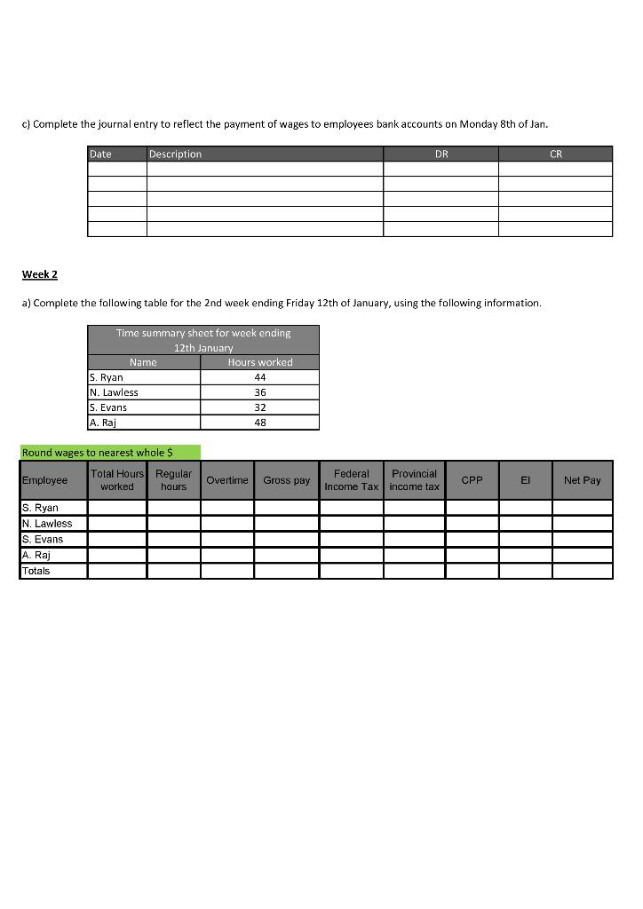 C Complete The Journal Entry To Reflect The Payment Of Wages To Employees Bank Accounts On Monday 8th Of Jan Date Desc 1
