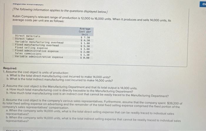 Nequireu Mu The Following Information Applies To The Questions Displayed Below Kubin Company S Relevant Range Of Prod 1