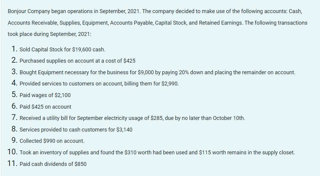 Bonjour Company Began Operations In September 2021 The Company Decided To Make Use Of The Following Accounts Cash Ac 1