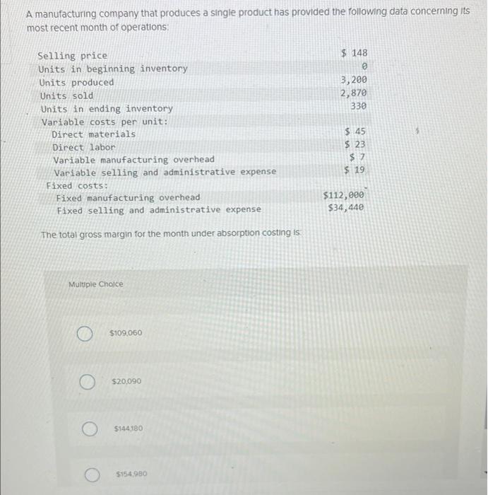 A Manufacturing Company That Produces A Single Product Has Provided The Following Data Concerning Its Most Recent Month 1