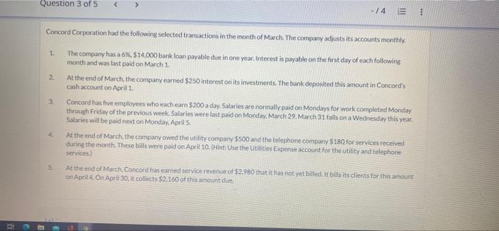 Question 3 Of 5 14 E Concord Corporation Had The Following Selected Transactions In The Month Of March The Company Adj 1