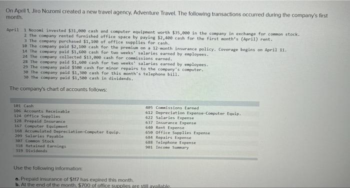 On April 1 Jiro Nozomi Created A New Travel Agency Adventure Travel The Following Transactions Occurred During The Co 2