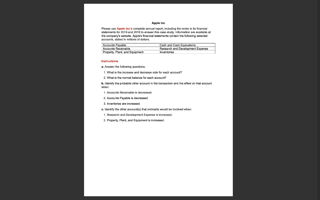 Apple Inc Please Use Apple Inc S Complete Annual Report Including The Notes To Its Financial Statements For 2019 And 20 1