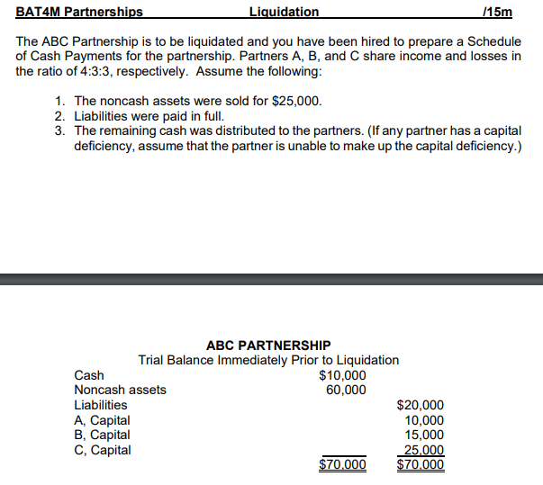 Bat4m Partnerships Liquidation 15m The Abc Partnership Is To Be Liquidated And You Have Been Hired To Prepare A Schedul 1