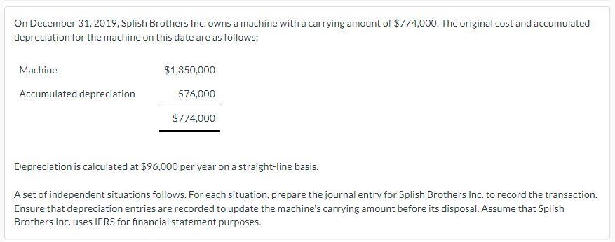 On December 31 2019 Splish Brothers Inc Owns A Machine With A Carrying Amount Of 774 000 The Original Cost And Accu 1