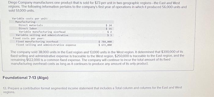 Diego Company Manufactures One Product That Is Sold For 73 Per Unit In Two Geographic Regions The East And West Regions 1
