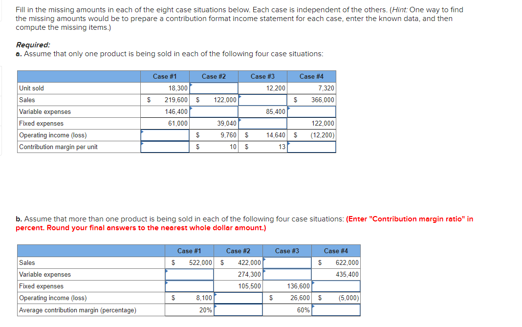 Fill In The Missing Amounts In Each Of The Eight Case Situations Below Each Case Is Independent Of The Others Hint O 1