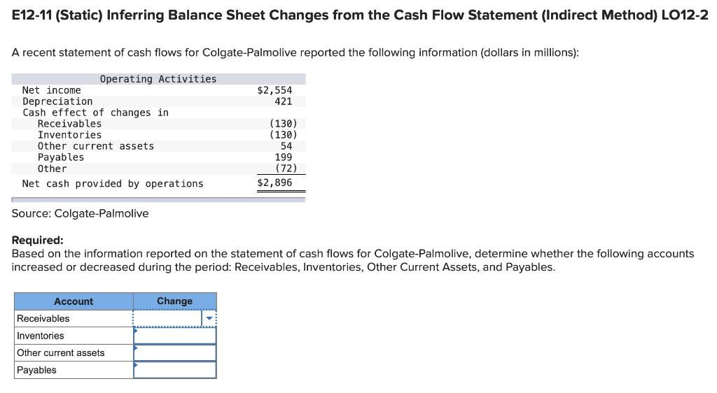 E12 11 Static Inferring Balance Sheet Changes From The Cash Flow Statement Indirect Method Lo12 2 A Recent Statement 1