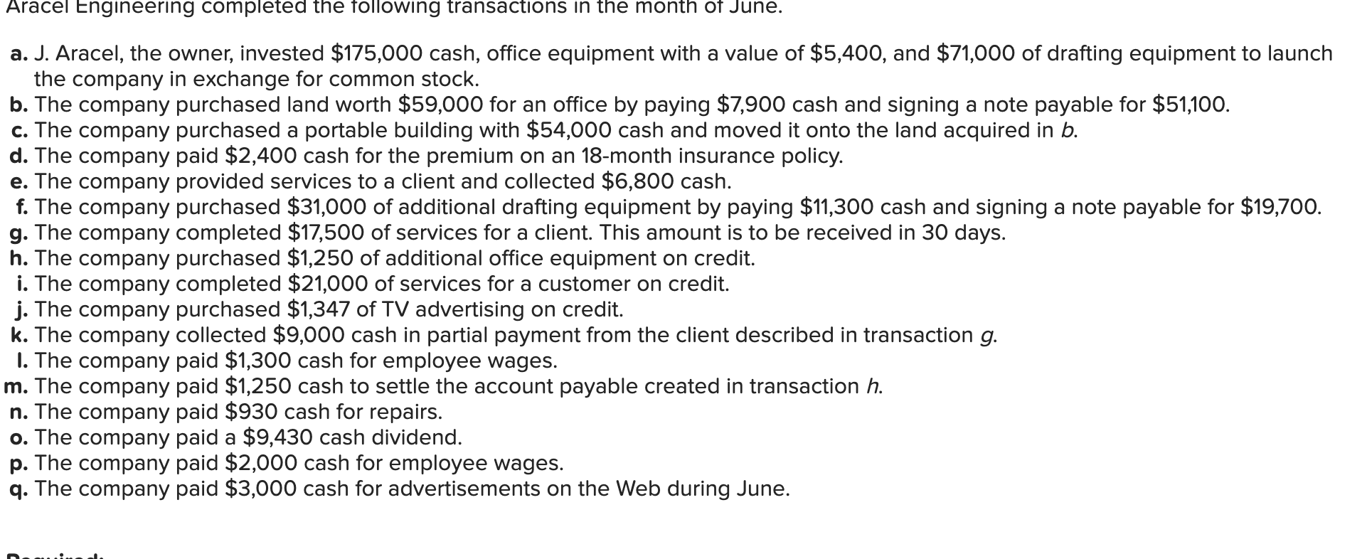 Aracel Engineering Completed The Following Transactions In The Month Of June A J Aracel The Owner Invested 175 000 1