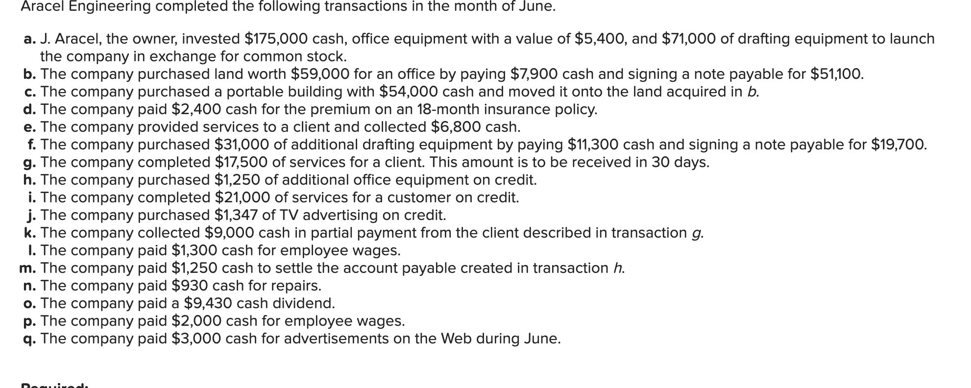 Aracel Engineering Completed The Following Transactions In The Month Of June A J Aracel The Owner Invested 175 000 1