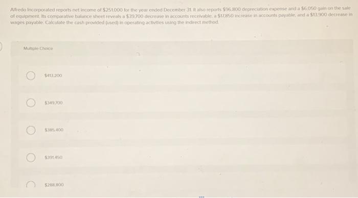 Alfredo Incorporated Reports Net Income Of 251 000 For The Year Ended December 31 It Also Reports 96 800 Depreciation 1
