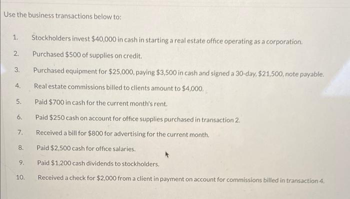 Use The Business Transactions Below To 1 Stockholders Invest 40 000 In Cash In Starting A Real Estate Office Operatin 1