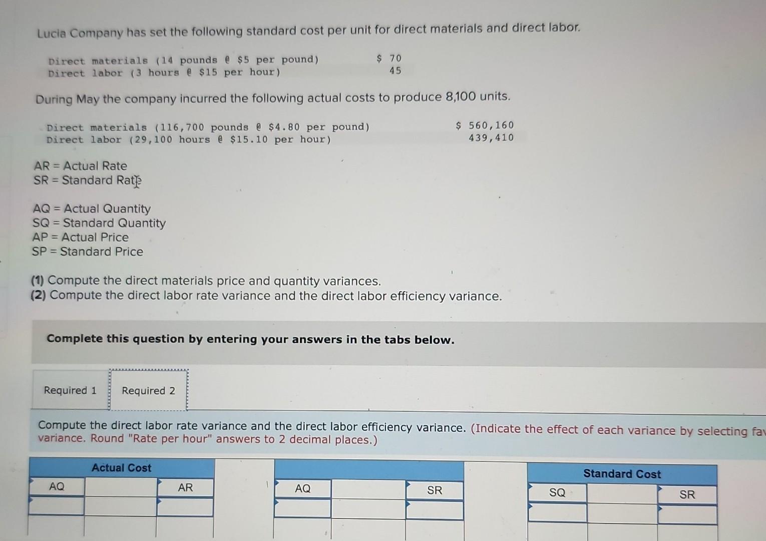 Lucia Company Has Set The Following Standard Cost Per Unit For Direct Materials And Direct Labor Direct Materials 14 P 2