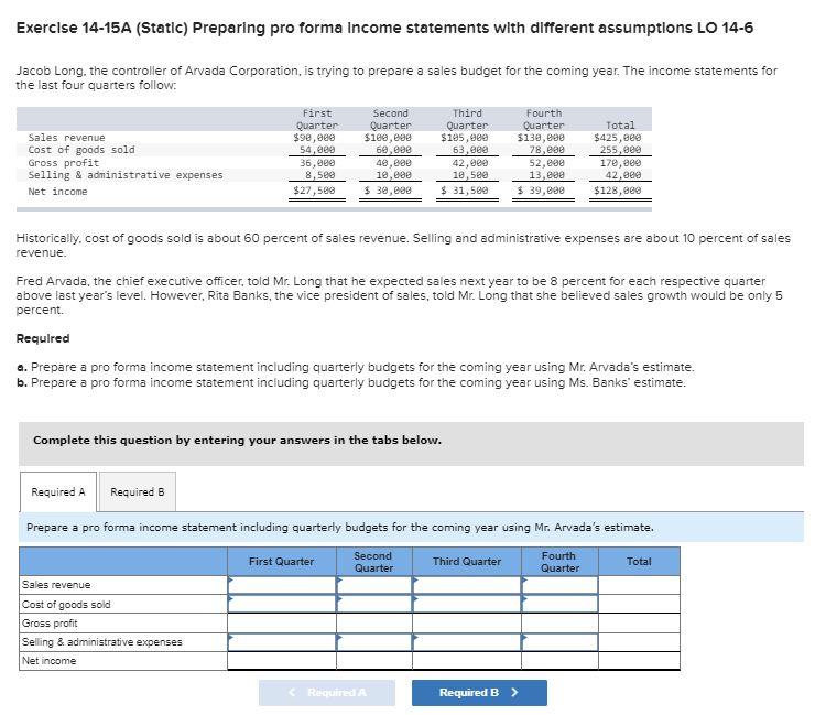 Exercise 14 15a Static Preparing Pro Forma Income Statements With Different Assumptions Lo 14 6 Jacob Long The Contro 1