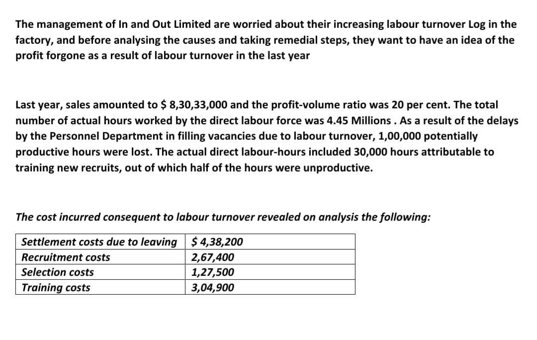 The Management Of In And Out Limited Are Worried About Their Increasing Labour Turnover Log In The Factory And Before A 1