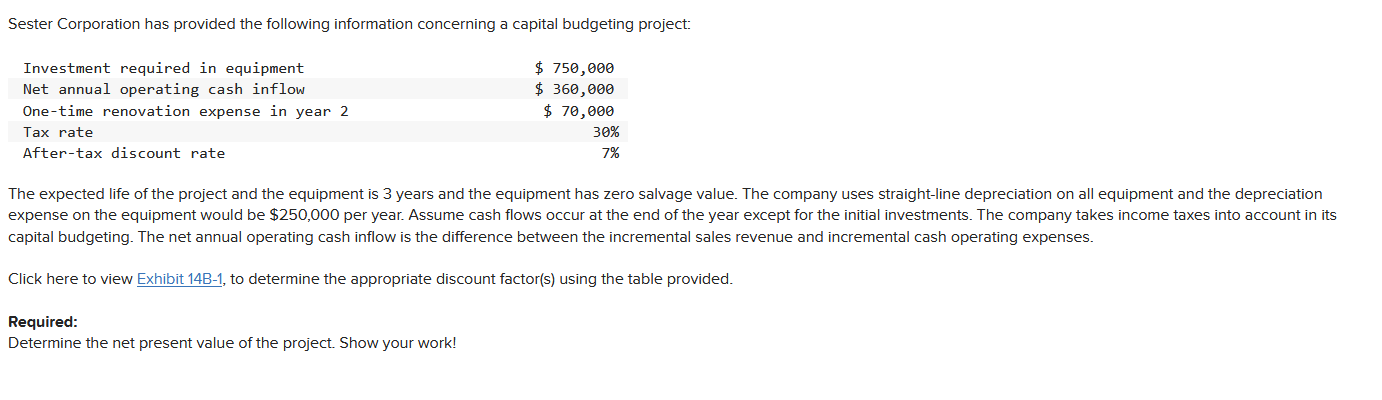 Sester Corporation Has Provided The Following Information Concerning A Capital Budgeting Project Investment Required In 1
