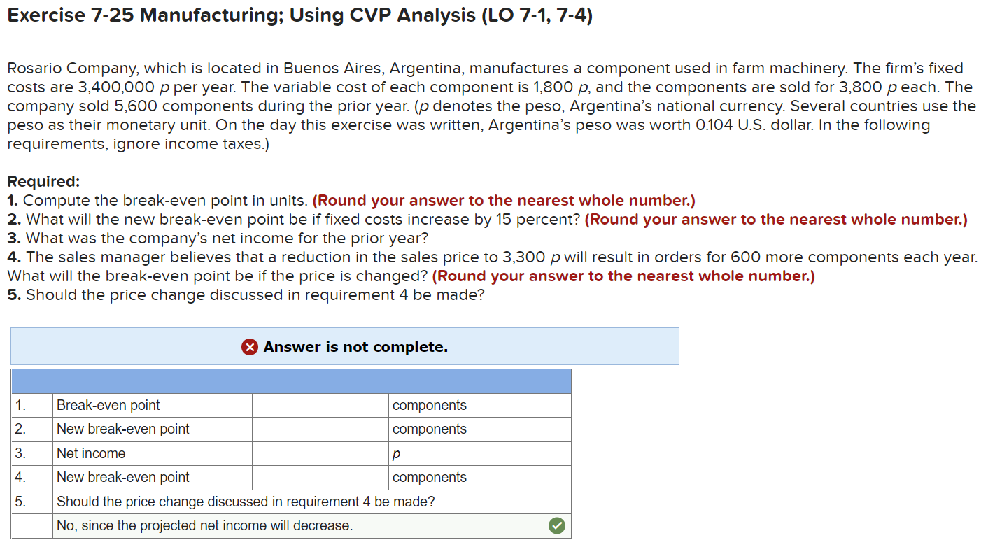 Exercise 7 25 Manufacturing Using Cvp Analysis Lo 7 1 7 4 Rosario Company Which Is Located In Buenos Aires Argenti 1