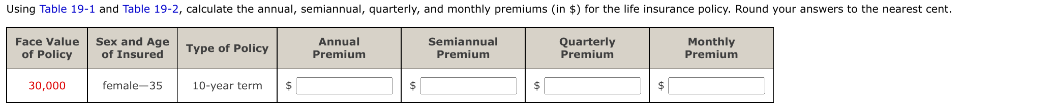 Using Table 19 1 And Table 19 2 Calculate The Annual Semiannual Quarterly And Monthly Premiums In For The Life I 1