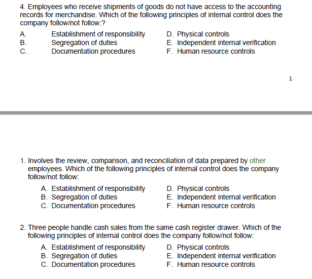 4 Employees Who Receive Shipments Of Goods Do Not Have Access To The Accounting Records For Merchandise Which Of The F 1