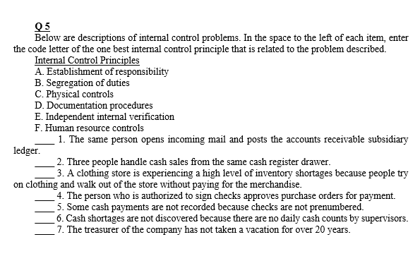 Q5 Below Are Descriptions Of Internal Control Problems In The Space To The Left Of Each Item Enter The Code Letter Of 1