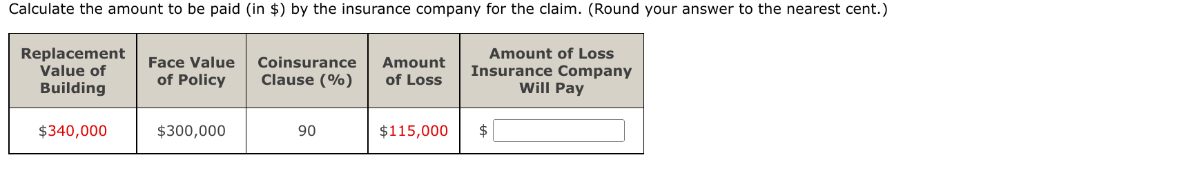Calculate The Amount To Be Paid In By The Insurance Company For The Claim Round Your Answer To The Nearest Cent 1