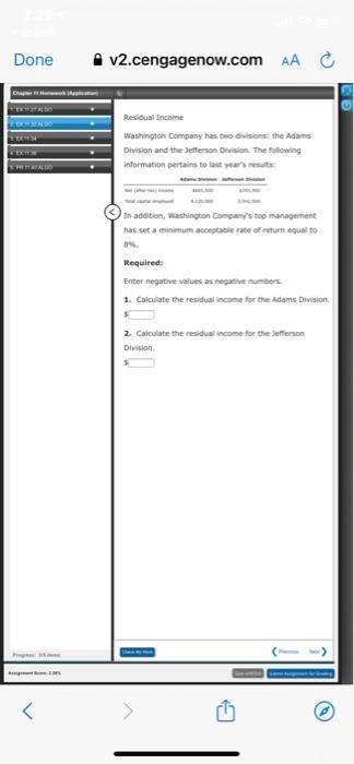 Done La V2 Cengagenow Com Aa Residual Income Washington Company Has Two Divisions The Adams Division And The Jeffer 1