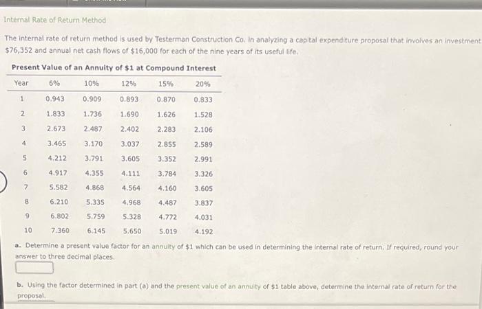 Internal Rate Of Return Method The Internal Rate Of Return Method Is Used By Testerman Construction Co In Analyzing A C 1