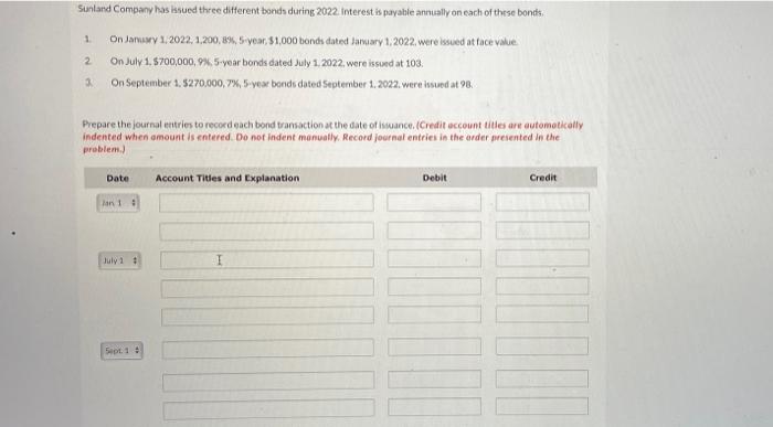 Sunland Company Has Issued Three Different Bonds During 2022 Interest Is Payable Annually On Each Of These Bonds 1 On 1