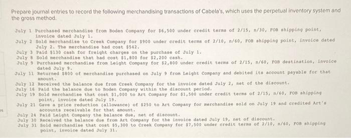 Prepare Journal Entries To Record The Following Merchandising Transactions Of Cabela S Which Uses The Perpetual Invento 1