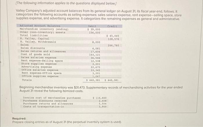 The Following Information Applies To The Questions Displayed Below Valley Company S Adjusted Account Balances From It 1