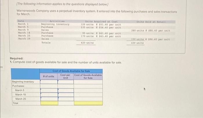 The Following Information Applies To The Questions Displayed Below Warnerwoods Company Uses A Perpetual Inventory Sys 1