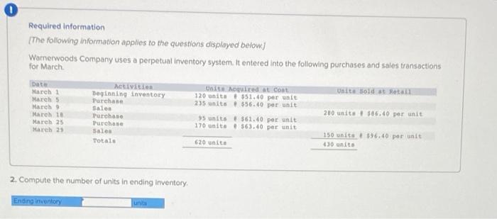 The Following Information Applies To The Questions Displayed Below Warnerwoods Company Uses A Perpetual Inventory Sys 2