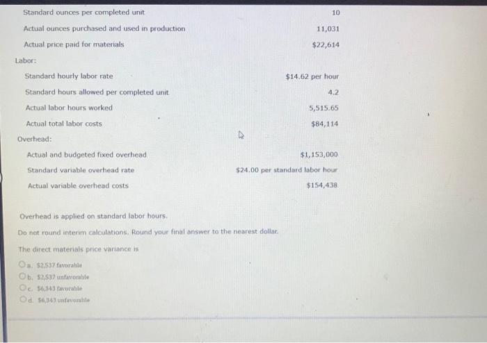 The Following Data Are Given For Stringer Company Budgeted Production Actual Production Materials Standard Price Per O 2