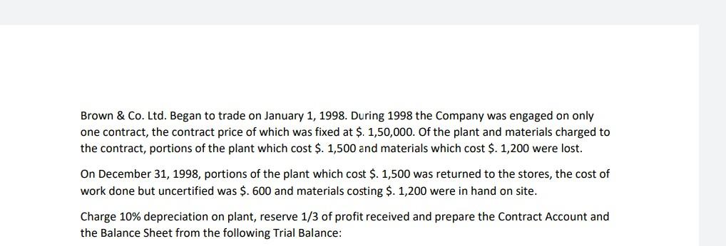 Brown Co Ltd Began To Trade On January 1 1998 During 1998 The Company Was Engaged On Only One Contract The Contra 1