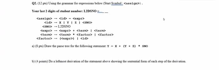 Q2 12 Pts Using The Grammar For Expressions Below Start Symbol Assign Your Last 2 Digits Of Student Number L2d 1