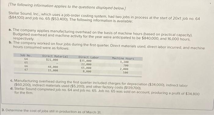 The Following Information Applies To The Questions Displayed Below Stellar Sound Inc Which Uses A Job Order Costin 1
