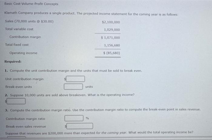 Basic Cost Volume Profit Concepts Klamath Company Produces A Single Product The Projected Income Statement For The Comi 1