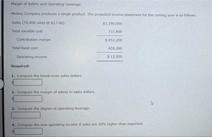 Margin Of Safety And Operating Leverage Medina Company Produces A Single Product The Projected Income Statement For The 1