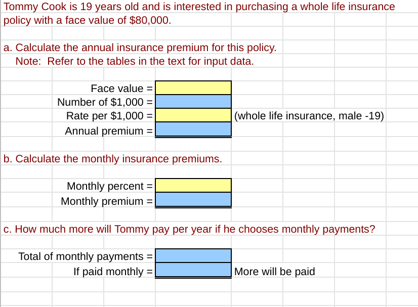 Tommy Cook Is 19 Years Old And Is Interested In Purchasing A Whole Life Insurance Policy With A Face Value Of 80 000 A 1